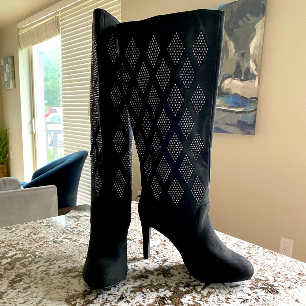 Colin Stuart Black Knee-High Studded Heeled Boots